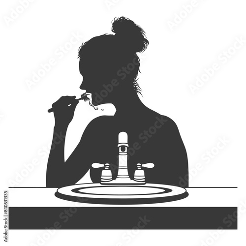 Silhouette: Woman Brushing Teeth at Sink, Morning Routine, Cleanliness.