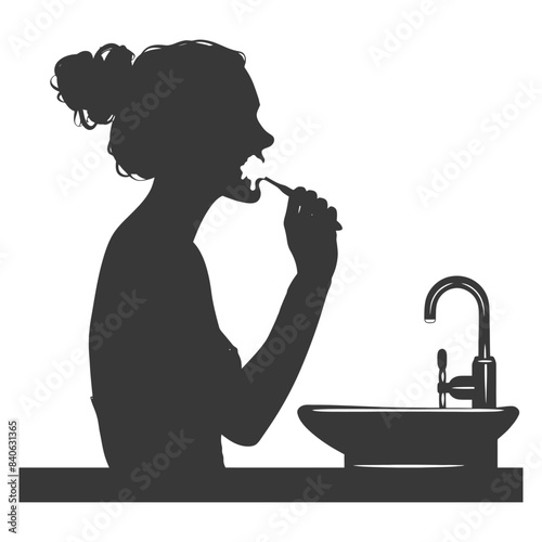 Silhouette of Woman Brushing Teeth at Sink: Morning Routine, Oral Hygiene Concept.