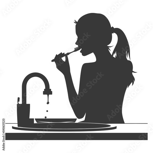 Silhouette of Girl Brushing Teeth at Sink with Dripping Faucet, Oral Hygiene Routine, Vector Illustration.