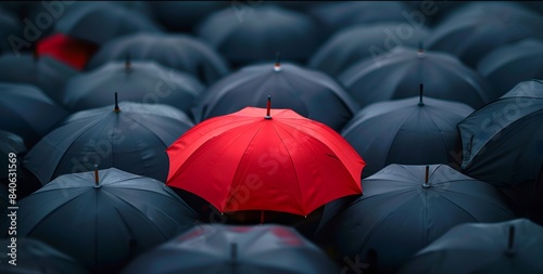 red umbrella standing out from the crowd of black umbrellas, symbolizing different thinking and unique ideas in business