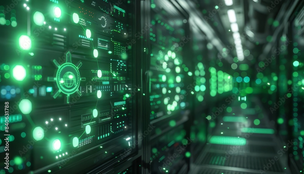 Server room with glowing green lights, closeup, digital overlay of antivirus protection symbols. Server room with glowing green lights, closeup, digital overlay of antivirus protection symbols.