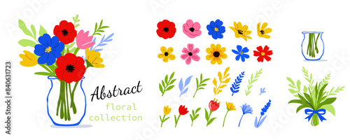 Abstract hand drawn flowers and leaves set. Floral bouquet in vase and other botanical elements constructor. Vector illustration.