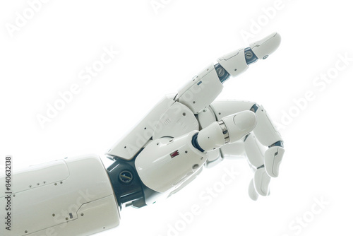 Close-up of a robotic hand pointing, with a white background.