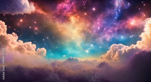 A colorful sky filled with fluffy clouds and twinkling stars creating a cosmic backdrop A cosmic backdrop with colorful explosions and cosmic dust clouds photo