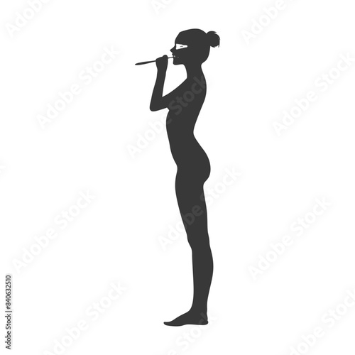 Silhouette of Woman Applying Makeup with Brush, Side Profile.