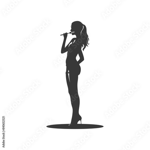Silhouette of a Woman Singing with Mic on Stage, White Background