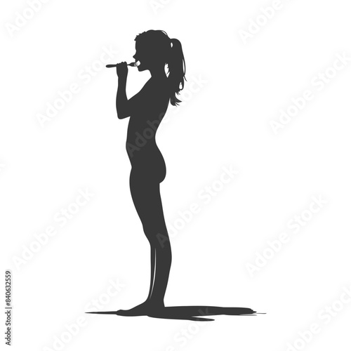 Silhouette of girl brushing teeth, hygiene routine on white.