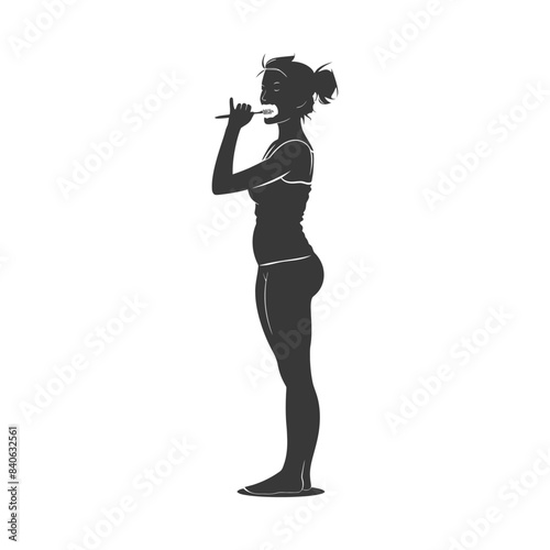 Silhouetted Woman in Underwear Brushing Teeth, Side View, Simple Hygiene Routine.