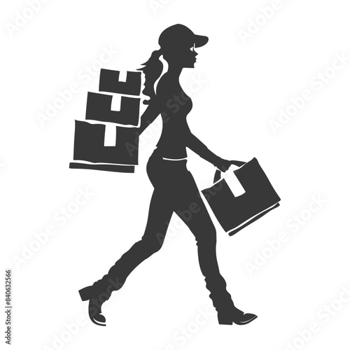 Silhouette of Female Delivery Courier Walking with Stacked Boxes.