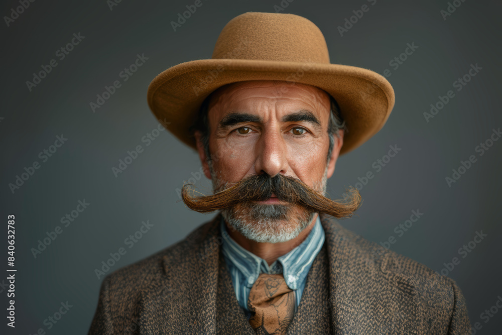 A distinguished older man with a prominent mustache and beard wears a tan hat and textured jacket, posing against a dark background. A distinguished older man with a prominent mustache and beard wears a tan hat and textured jacket, posing against a dark background.