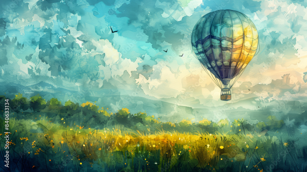 Fototapeta premium Hot air balloon drifting over lush countryside, watercolor capturing summer adventure and freedom 