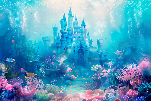 A vivid digital watercolor illustration of a dreamscape with an enchanted castle surrounded by vibrant marine life