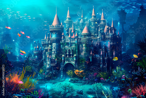 Dreamy digital watercolor illustration of a fantastical castle in the ocean depths creates a captivating dreamscape