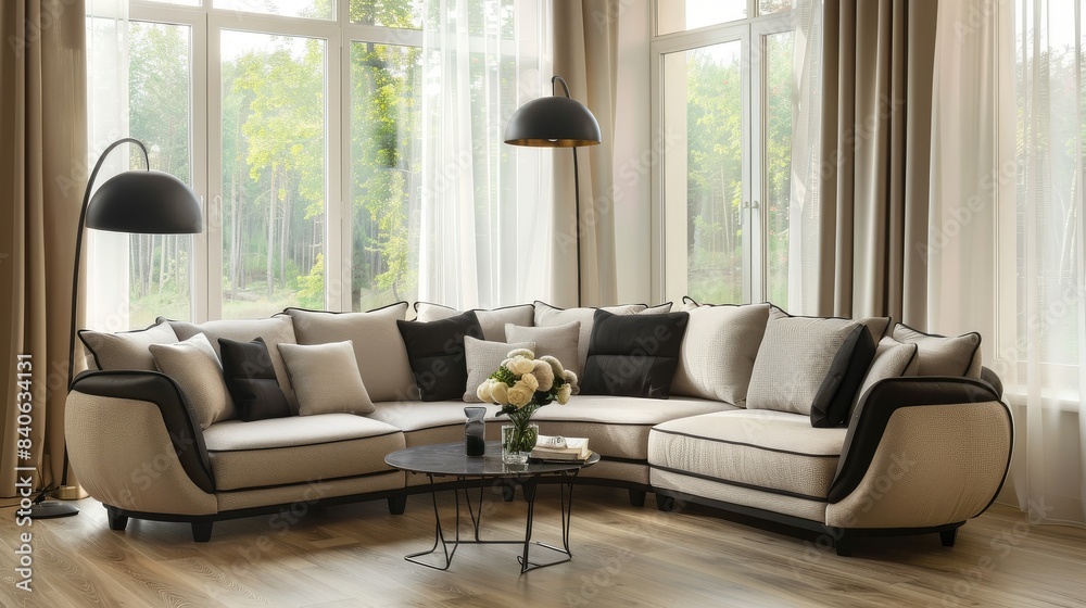 Elegant Beige and Black Corner Sofa with Wooden Flooring, Light-Colored Walls, and Sunlit Windows, Enhanced by Fresh Flowers on the Coffee Table Elegant Beige and Black Corner Sofa with Wooden Flooring, Light-Colored Walls, and Sunlit Windows, Enhanced by Fresh Flowers on the Coffee Table