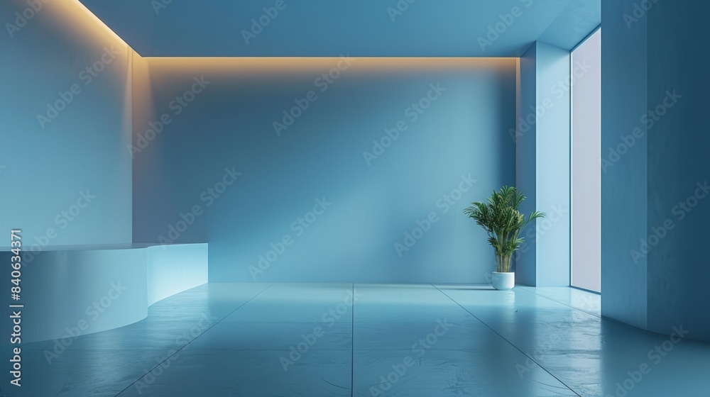 Minimalist Blue Room With Curved Countertop and Plant Minimalist Blue Room With Curved Countertop and Plant
