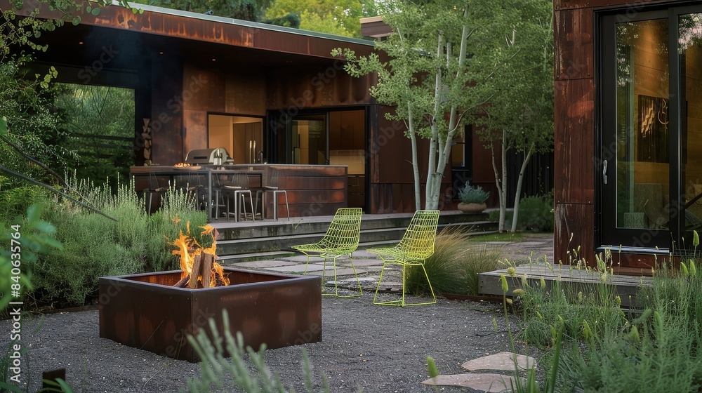 Obraz premium Modern Outdoor Patio with White and Wood Furniture, Fire Pit, and Lush Landscaping Under a White Trellis Roof in Beach Style Architecture