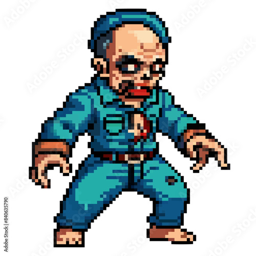 A zombie, bloodthirsty and menacing, is out terrorizing people. The undead, walking around, growling, looking for victims. Pixel art, vector illustration, isolated on transparent background.