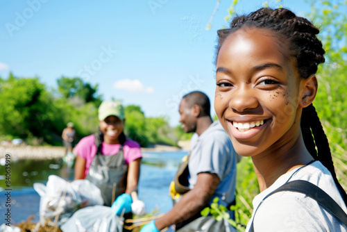 Smiling young girl with dreadlocks enjoying a sunny day by the river, with friends in the background.