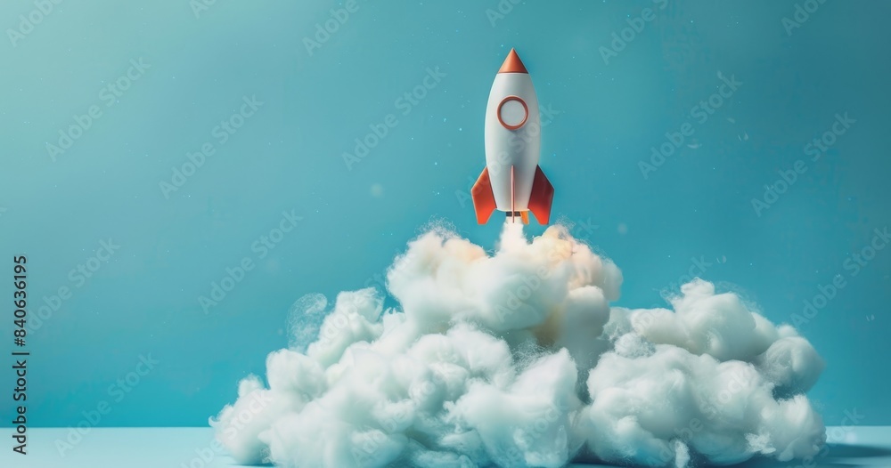 Launching Innovation: Rocket Ship Blasting Off from Cloud of Ideas