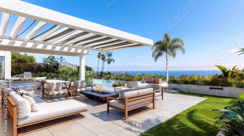 Modern Outdoor Patio with White and Wood Furniture  Fire Pit  and Lush Landscaping Under a White Trellis Roof in Beach Style Architecture