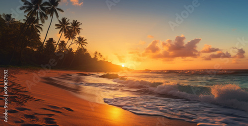 Golden Sunset Over Palm Beach With Foamy Ocean Waves. Tropical Beach Paradise At Sunset. Generative AI