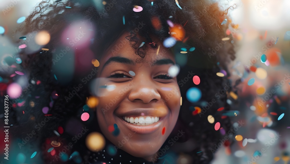 Black woman celebrating her graduation with confetti and blurred background, smiling face Black woman celebrating her graduation with confetti and blurred background, smiling face
