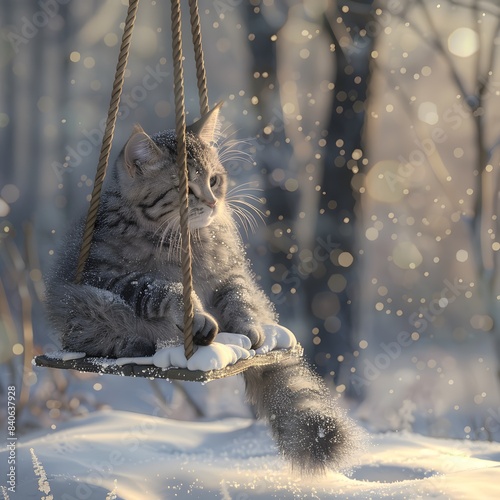 Image Title: Cat with Lynx-like Features Playing in Snow photo