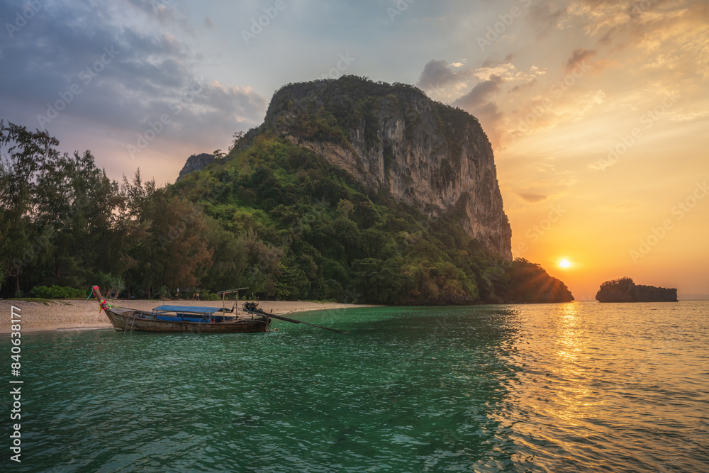 sunset at the beach on tropical island ko poda in thailand