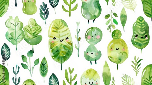 A whimsical set of watercolor leafy greens  each with a unique  cheerful expression seamless pattern