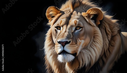 A majestic male lion with a large, full mane against a dark background © aicha