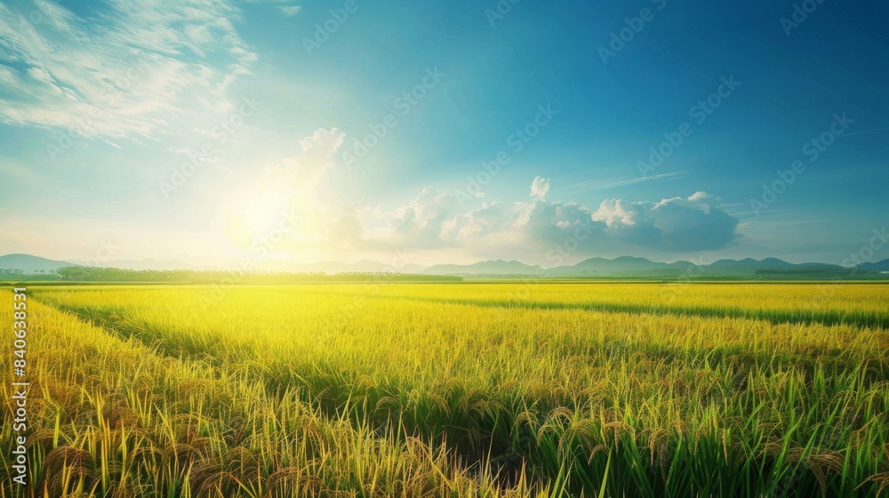 A golden rice field stretching to the horizon under a clear blue sky, with lush green rice plants swaying in the breeze