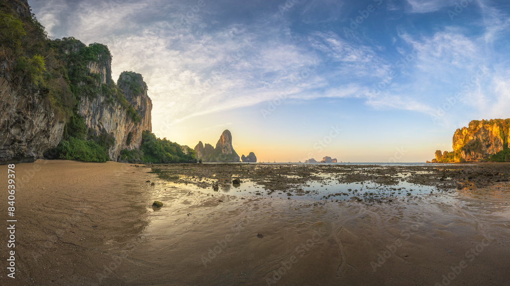 sunset at tonsai beach on tropical island railay in krabi in thailand