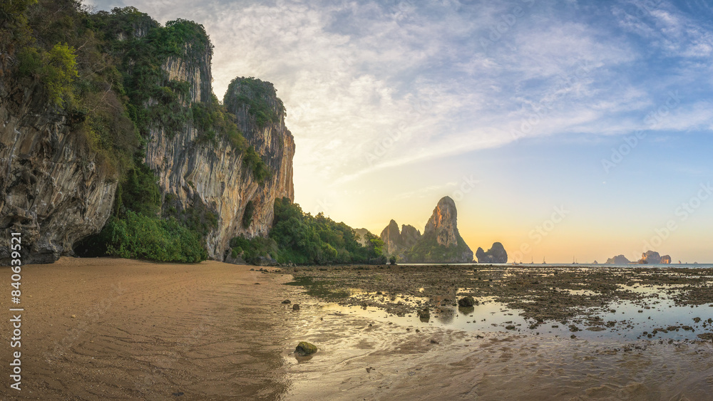 sunset at tonsai beach on tropical island railay in krabi in thailand