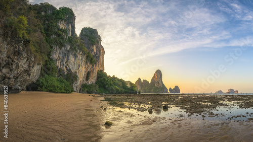 sunset at tonsai beach on tropical island railay in krabi in thailand