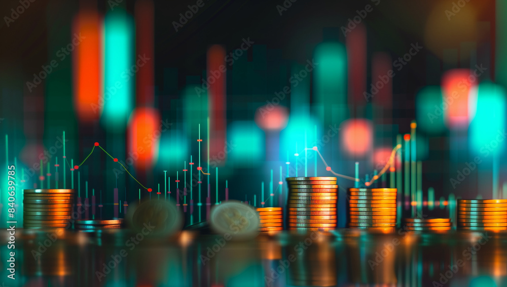 Sci-fi style financial stock market chart background with coins stacked and graphs going up on a blurred dark blue, green and orange bokeh background, in the style of a trading business concept for fi Sci-fi style financial stock market chart background with coins stacked and graphs going up on a blurred dark blue, green and orange bokeh background, in the style of a trading business concept for fi