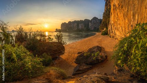 sunset at tonsai beach on tropical island railay in krabi in thailand