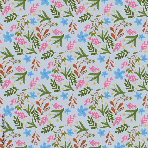 Hand drawn flowers seamless pattern Designed for background, wallpaper, clothing, wrapping, fabric, Batik, embroidery style.