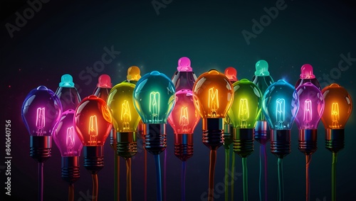 Granater AI Colorful light bulbs in a row, each shining brightly with different hues, creating a vibrant and eye-catching display.