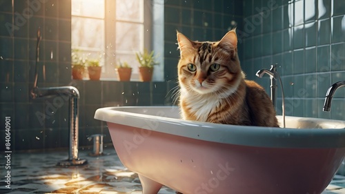 Granater AI  A cat sitting in a pink bathtub, looking curiously at the camera.
