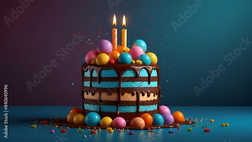 Granater AI  A chocolate birthday cake with lit candles surrounded by colorful eggs.