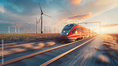 A high-speed train gliding past a field of wind turbines, symbolizing the synergy between sustainable energy and modern transportation
