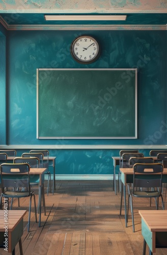 Empty classroom with green chalkboard and clock on the wall photo