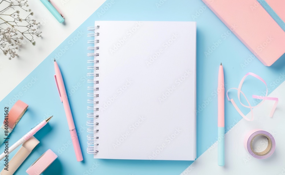 Blank notebook with pastel stationery on a blue and white background