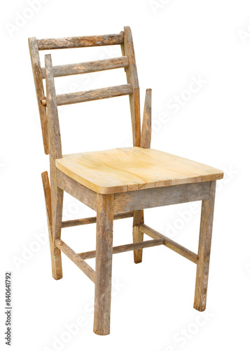 Worn and broken wood chair isolated on white