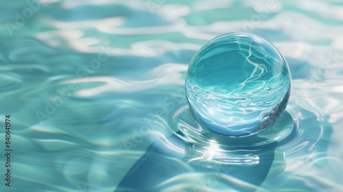 Clear Glass Sphere On Water showcasing a transparent glass ball floating on a smooth water surface. This image captures the reflections and serene beauty of a clear sphere on water.