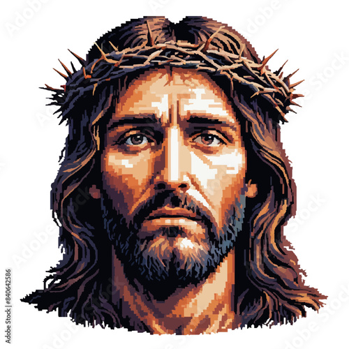 Jesus Christ, sad and anguished face, wearing a crown of thorns, day of cruxifiction. A sorrowful suffering Messiah, portrait. Vector pixel art, illustration, isolated on transparent background.