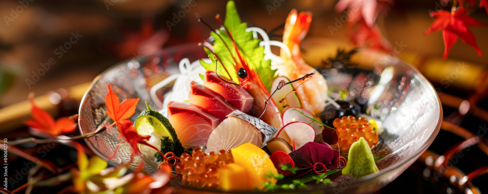 Naklejka premium Elegant Sashimi Presentation with Decorative Elements, Fine Dining
