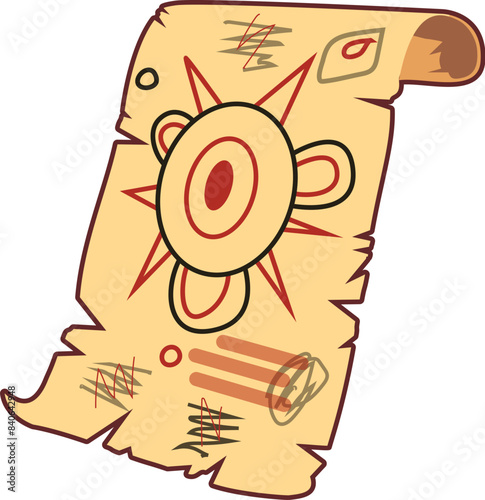 Discover the ancient cartoon treasure map scroll filled with mysterious symbols, leading on a thrilling hunt for hidden landmarks and pirate treasure on a vintage island adventure