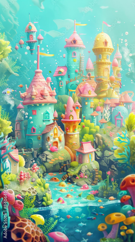 A colorful underwater scene with a castle and a river. The castle is pink and blue, and the river is filled with fish A colorful underwater scene with a castle and a river. The castle is pink and blue, and the river is filled with fish
