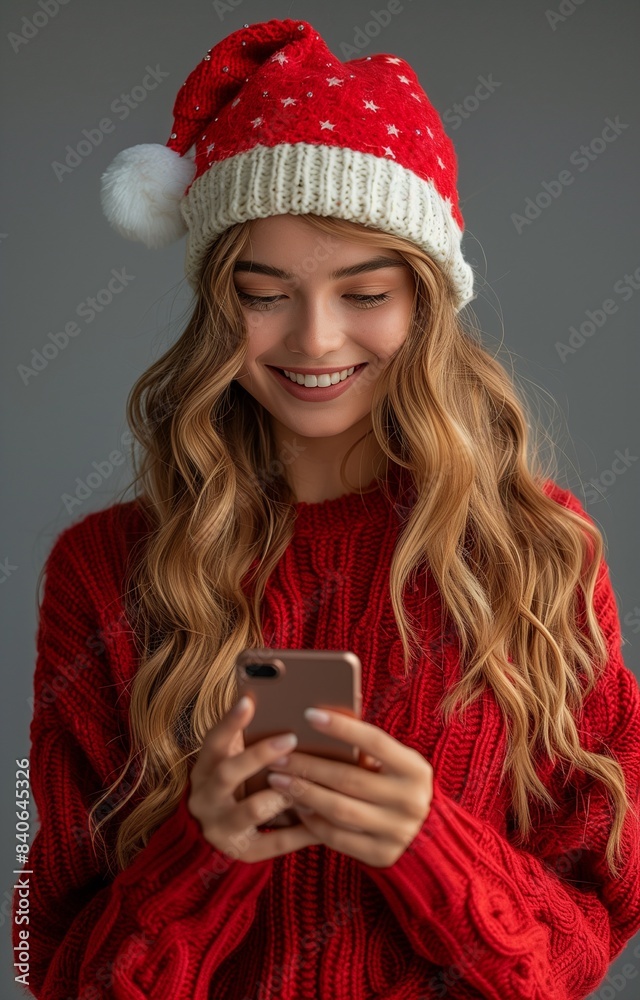 Happy woman in Christmas outfit, excitedly looking at her phone, wearing a red sweater and Santa hat Happy woman in Christmas outfit, excitedly looking at her phone, wearing a red sweater and Santa hat
